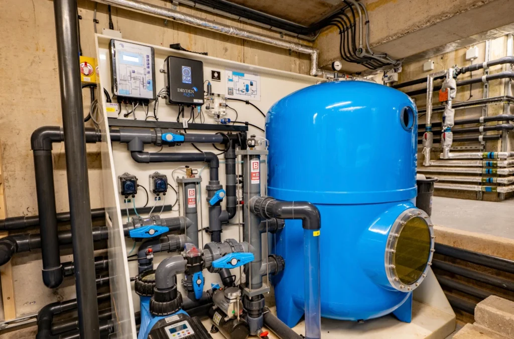 Industrial water treatment system with blue pressure tank